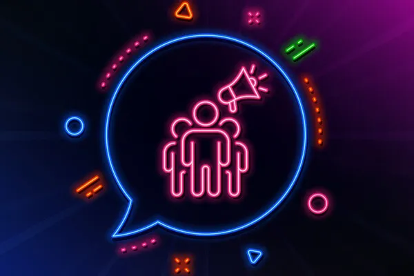 Neon illustration of a speech bubble containing a group of people and a megaphone, surrounded by various geometric shapes on a dark background.
