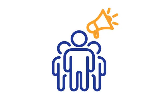 Icon of three abstract figures in blue with an orange megaphone above, symbolizing communication or leadership.